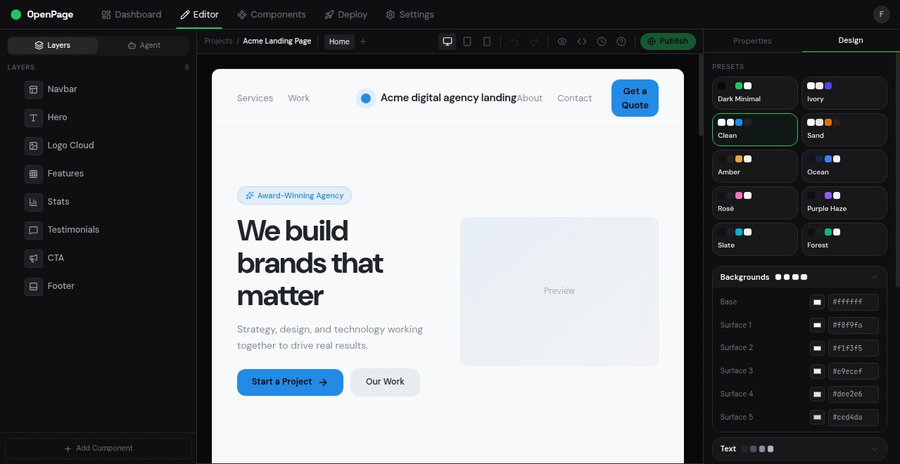 OpenPage visual editor showing the drag-and-drop interface with block layers, live canvas preview, 10 theme presets, and design controls
